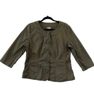 J Jill Olive Green Quarter Sleeve Fitted Stretch Collarless Blazer Jacket Sz 12